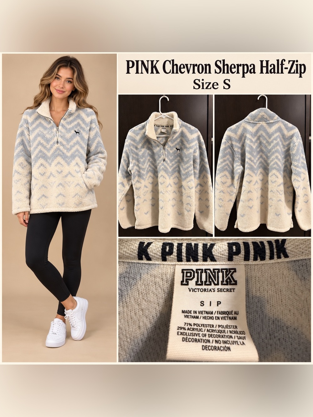 Victoria's Secret PINK Chevron Sherpa Half-Zip Pullover - Cream & Light Blue